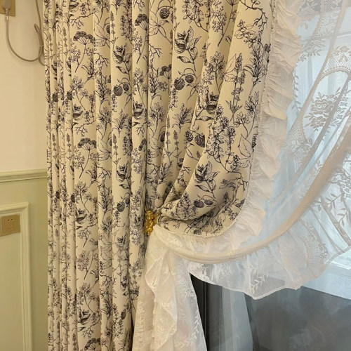 法式复古印花田园洛可可奶油色蕾丝小香风荷叶边遮光窗帘卧室客厅