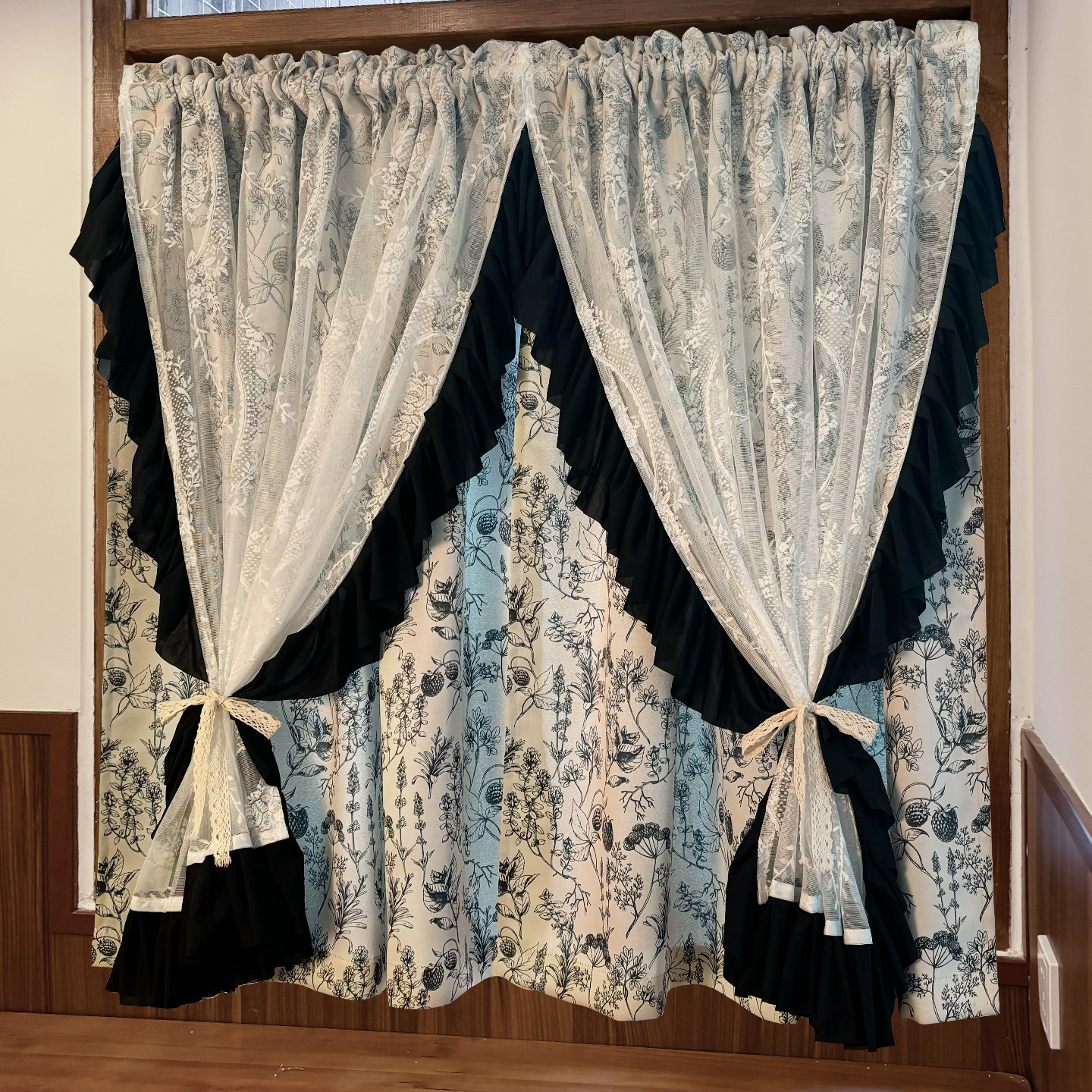 法式复古洛可可黑色赫本风蕾丝双层遮光窗帘卧室飘窗小窗户免打孔,居家布艺,定制窗帘,淘宝优惠券,粉丝福利购,淘宝优惠卷