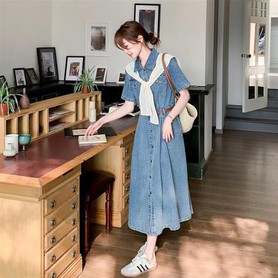实拍港风复古披肩牛仔连衣裙女夏季2025新款气质收腰A字裙衬衫裙