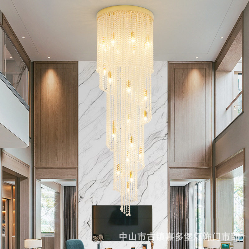 别墅复式楼旋转楼梯长吊灯豪华中空大厅灯酒店大堂轻奢水晶工程灯