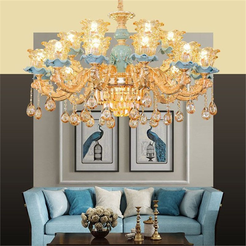 欧式轻奢水晶吊灯陶瓷客厅灯现代简约家用装饰餐厅灯法式蓝色吊灯