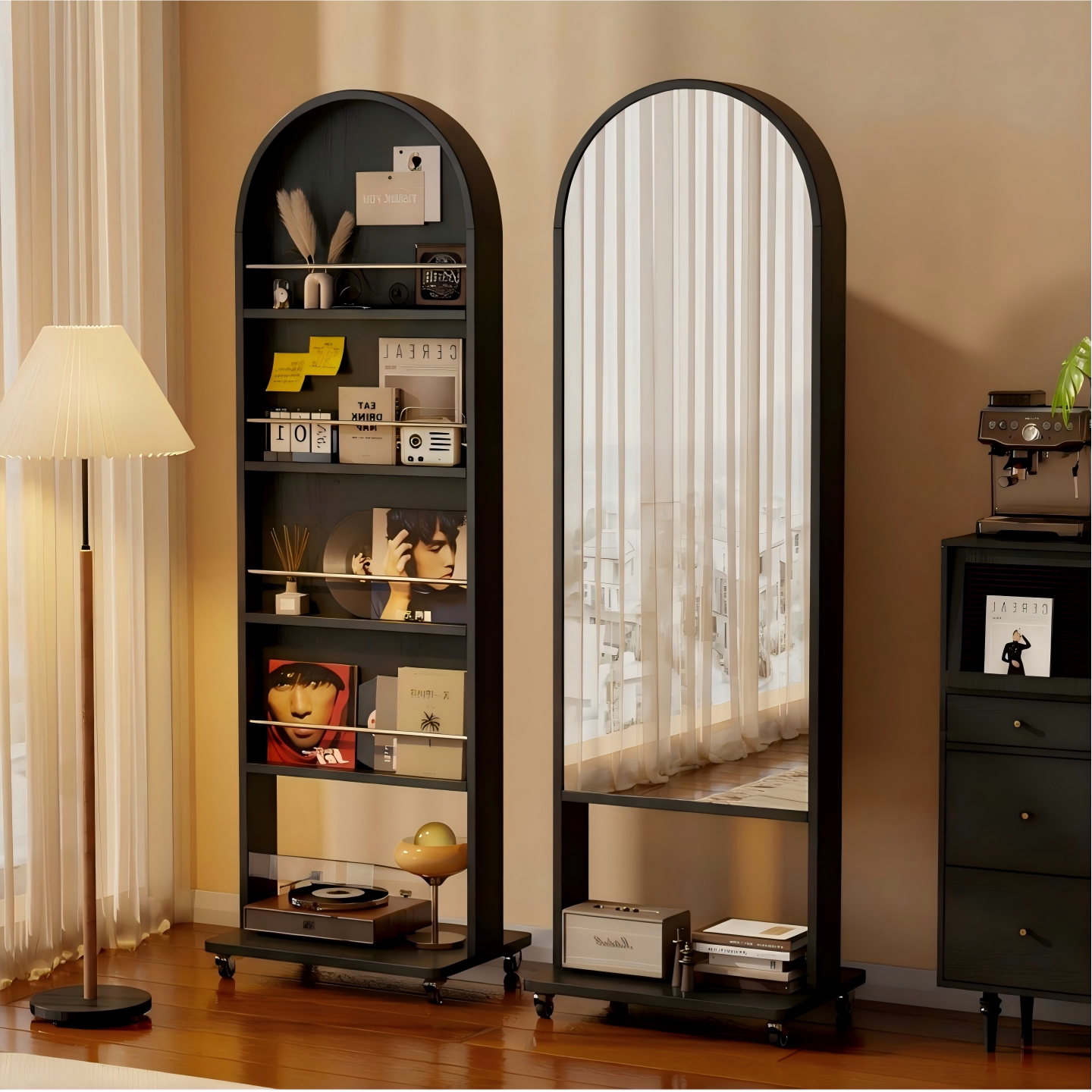 实木全身镜落地镜家用中古风入户门试衣镜收纳杂志架可移动穿衣镜