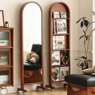 中古实木全身镜可移动落地镜收纳杂志试衣镜一体书架旋转穿衣镜子