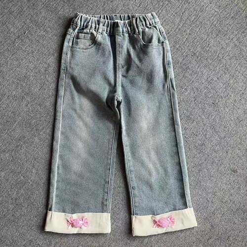 版型美90-140可爱糖果女童春秋新款翻边款松紧腰牛仔裤九分裤裤子