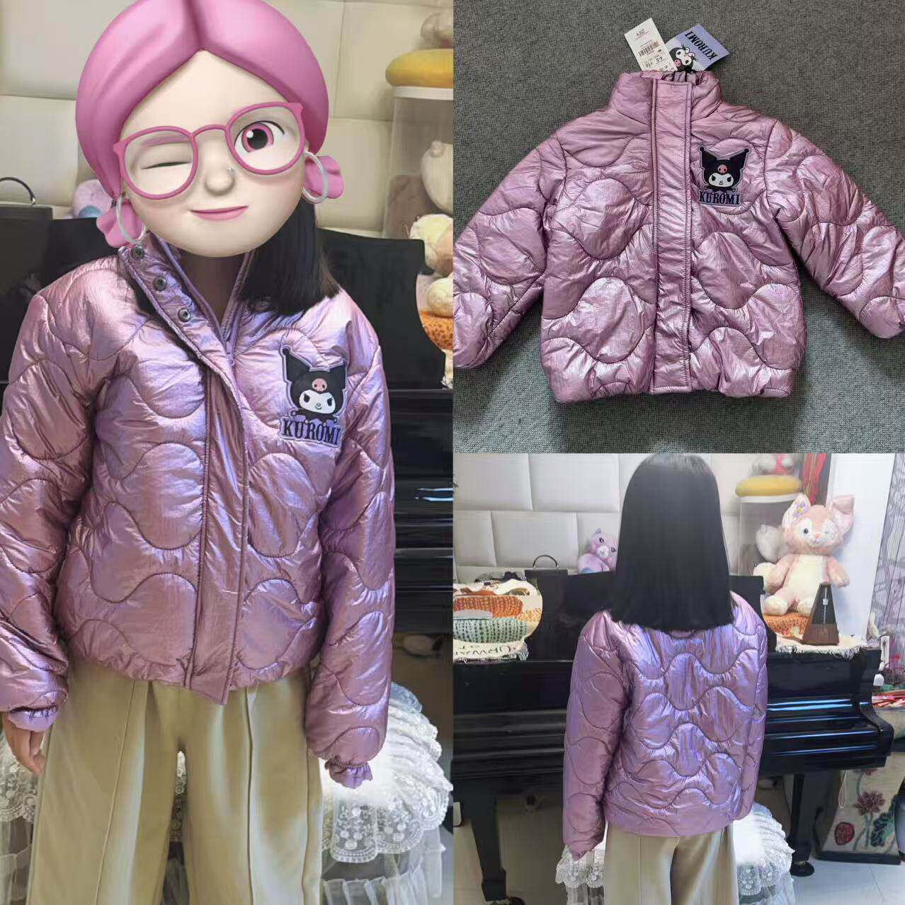 自留外单女童秋冬新款4-12岁卡通库洛米时尚紫色洋气拉链棉服外套