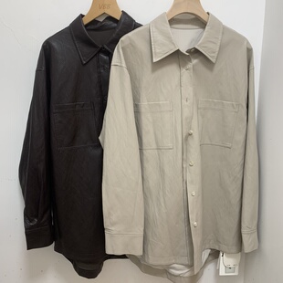 宽松休闲百搭翻领单排扣PU衬衫 韩版 上衣 新款 实体店精品2025秋季