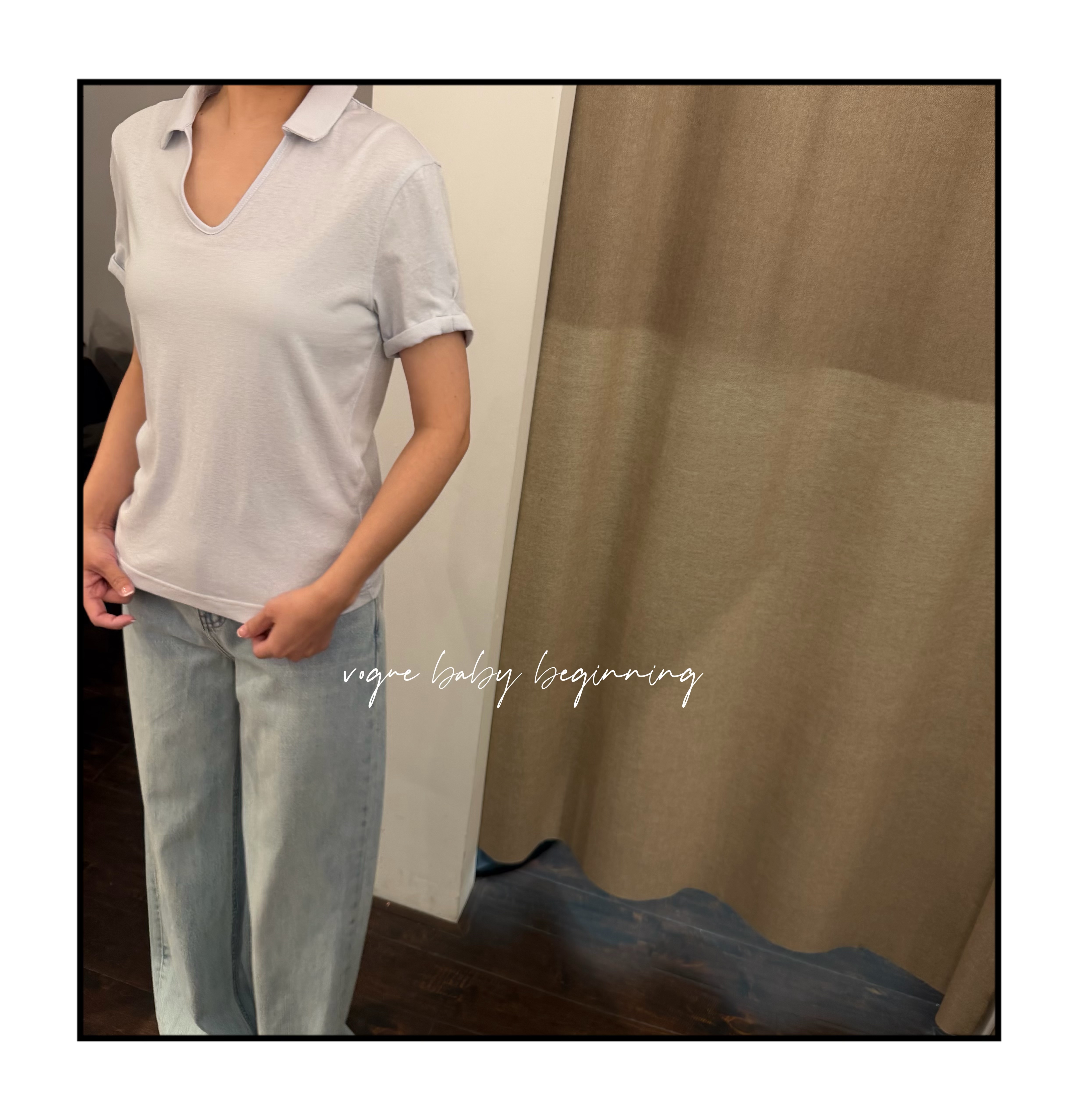 简约休闲棉麻v领polo衫女夏款瘦身显瘦透气百搭雾霾蓝白色两色T恤