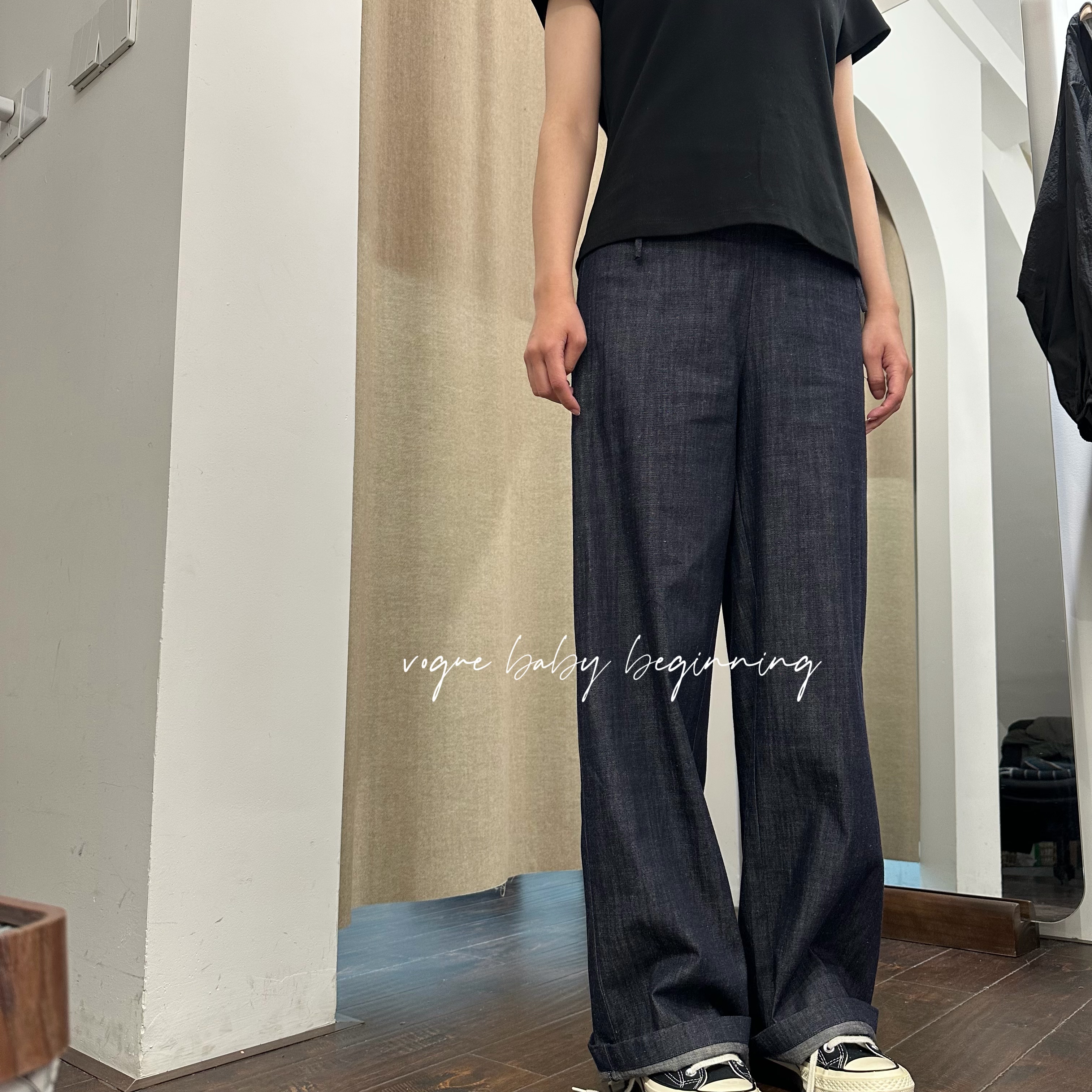 韩系慵懒风深牛仔蓝亚麻阔腿裤女 夏季薄款垂感直筒拖地休闲裤子