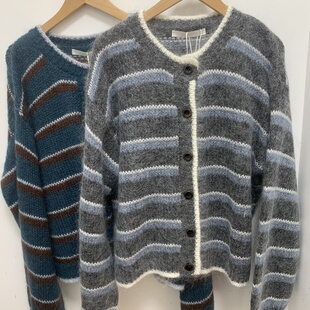 羊毛马海毛开衫 实体店精品女装 圆领撞色条纹针织衫 新款 2025秋季