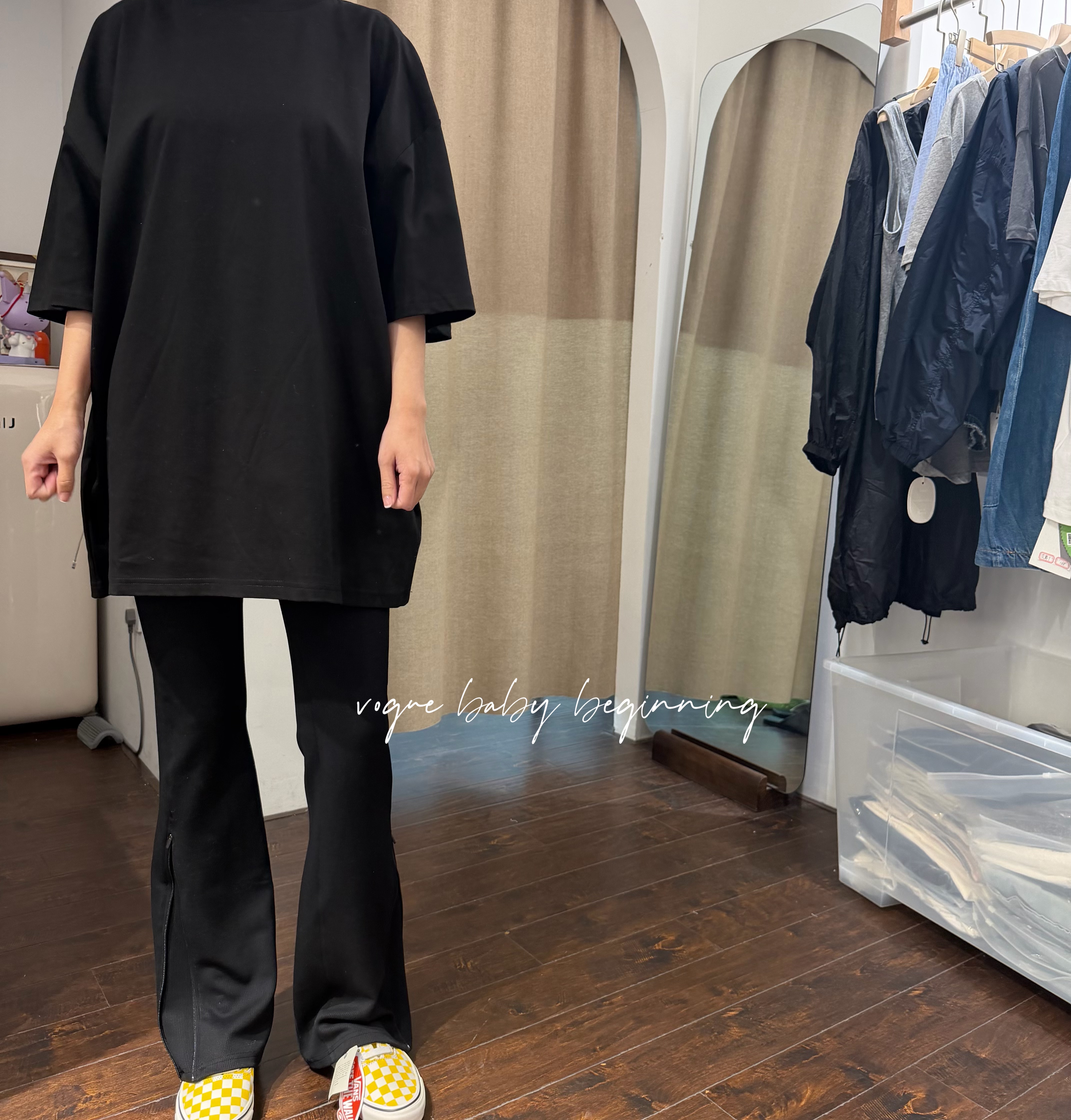 松弛感黑灰色针织螺纹开叉微喇裤女夏季新款高腰弹力显瘦喇叭长裤