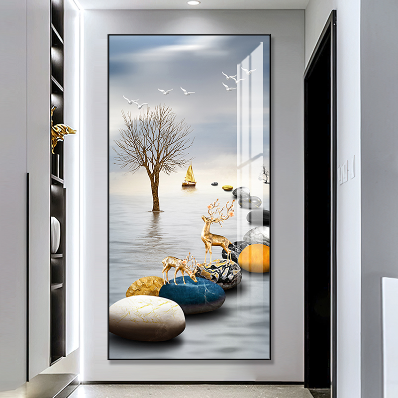 轻奢入户玄关装饰画简约现代客厅走廊过道竖版壁画正对门晶瓷挂画图片