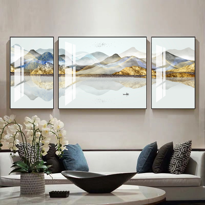 新中式客厅装饰画沙发背景墙三联画风水挂画新中式壁画山水画金山