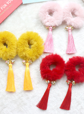 女童毛毛发圈流苏发饰儿童中国风丸子头超仙过新年头饰扎头皮筋