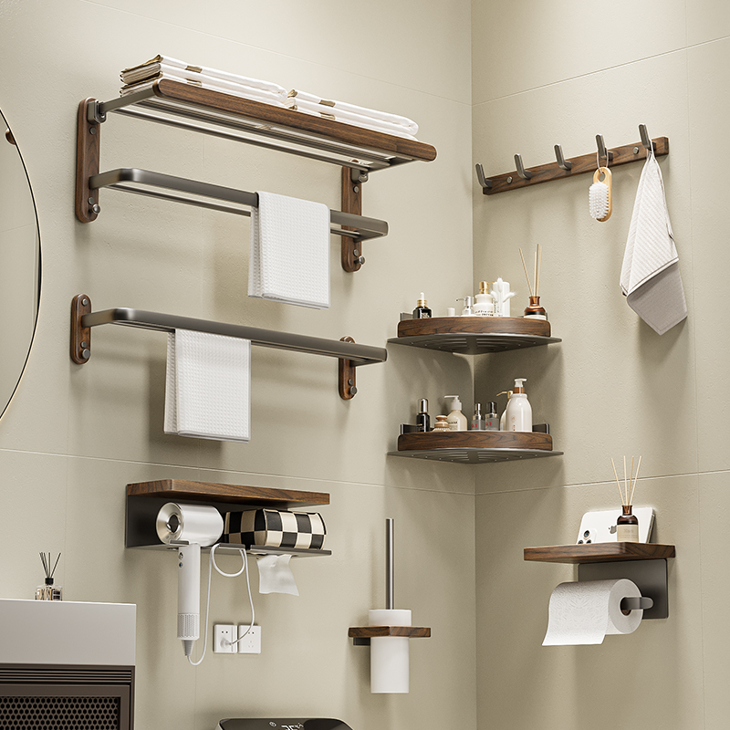 胡桃木枪灰毛巾架免打孔浴室置物架厕所高端卫生间洗手间浴巾架子