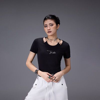 拓谷 美式假两件露肩短袖T恤女夏款烫钻短款修身显瘦辣妹正肩上衣