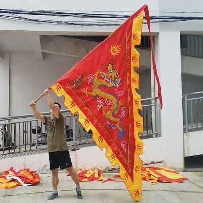 高档三角龙旗手工刺绣龙凤大旗子大红色锦旗旗仿帅旗双层游神布置