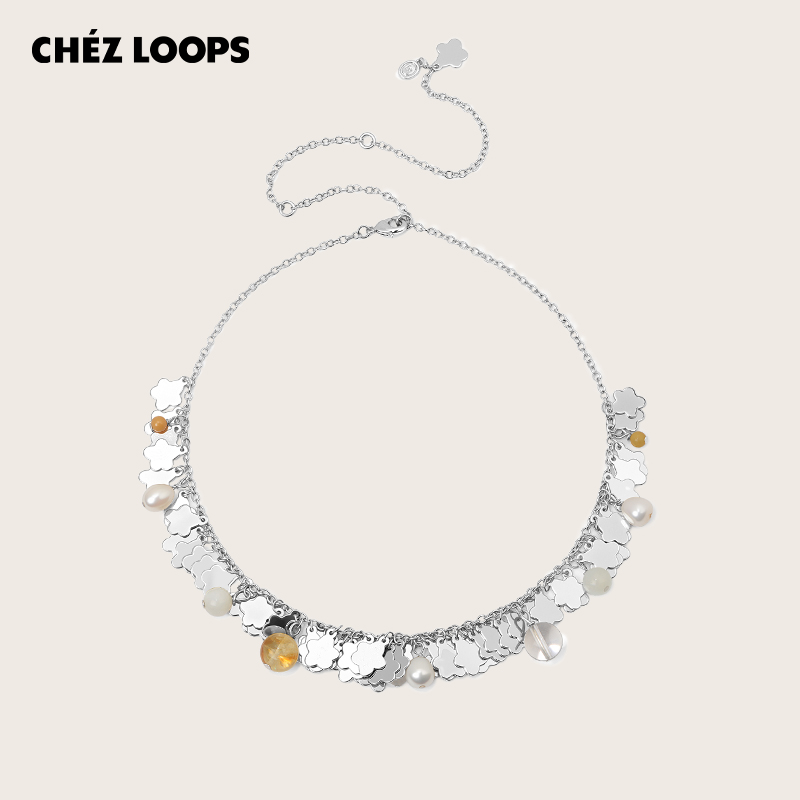 CHEZ LOOPS幸运花簇项链原创设计白水晶黄东陵淡水珍珠镀金项链女