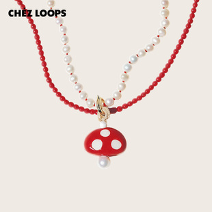 CHEZ 原创小众设计陶瓷珍珠铜镀金锁骨链 LOOPS釉光蘑菇陶瓷项链