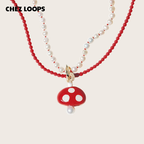 CHEZ LOOPS釉光蘑菇陶瓷项链 原创小众设计陶瓷珍珠铜镀金锁骨链