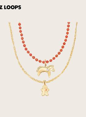 CHEZ LOOPS筑梦玩偶小马项链黑胆石叠戴新款毛衣链马年本命年礼物