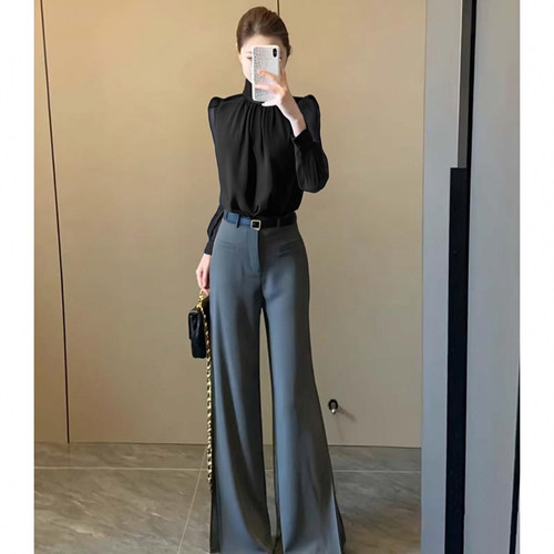 送腰带2026春新款女休闲套装设计感t恤衬衣微喇西装裤两件套D3548