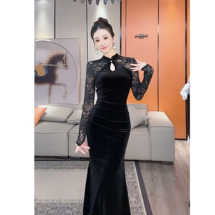 2026春季新款女复古新中式国风旗袍蕾丝长袖修身收腰连衣裙D3953