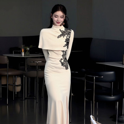 送披肩2025秋冬新款中式针织连衣裙打底长袖旗袍裙子两件套D4217