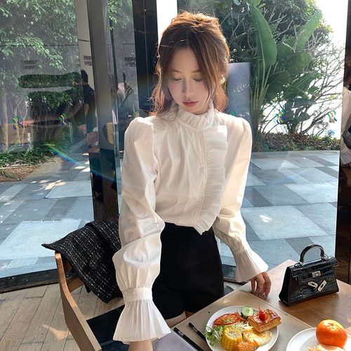 2025秋季新款法式名媛宫廷风木耳荷叶边衬衫裤子套装两件套D3174