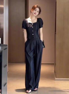【两件套】2026夏季新款女装薄款短袖上衣+阔腿休闲裤套装D2123