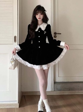 【有里布】法式黑色丝绒连衣裙女富家千金蕾丝拼接小黑裙TX0194
