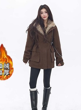 加绒加厚2025秋冬季新款女欧美风大衣休闲上衣连帽百搭外套HY0218