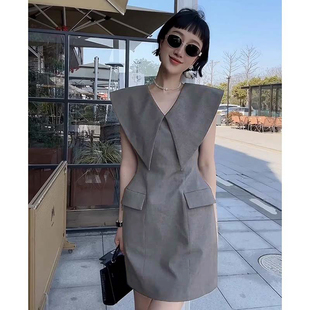 高端精致轻奢高级感法式 收腰连衣裙D3088 气质名媛裙子大翻领无袖