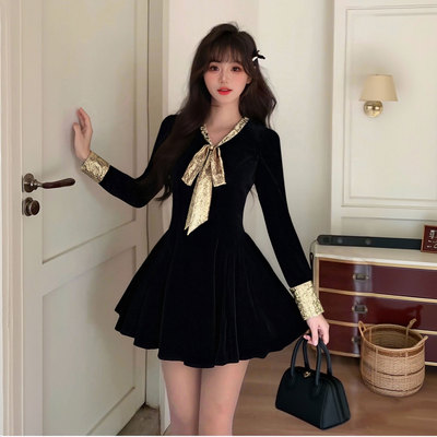 2026春季新款女赫本风千金感长袖收腰连衣裙蝴蝶结小礼裙TX0091