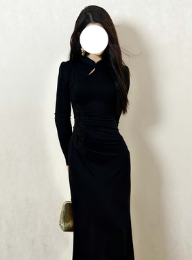 2025秋冬新款女旗袍新中式国风收腰显瘦长袖连衣裙打底裙子D4133