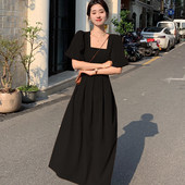 新款 法式 气质泡泡袖 2026春季 连衣裙修身 显瘦方领纯色茶歇裙子6948