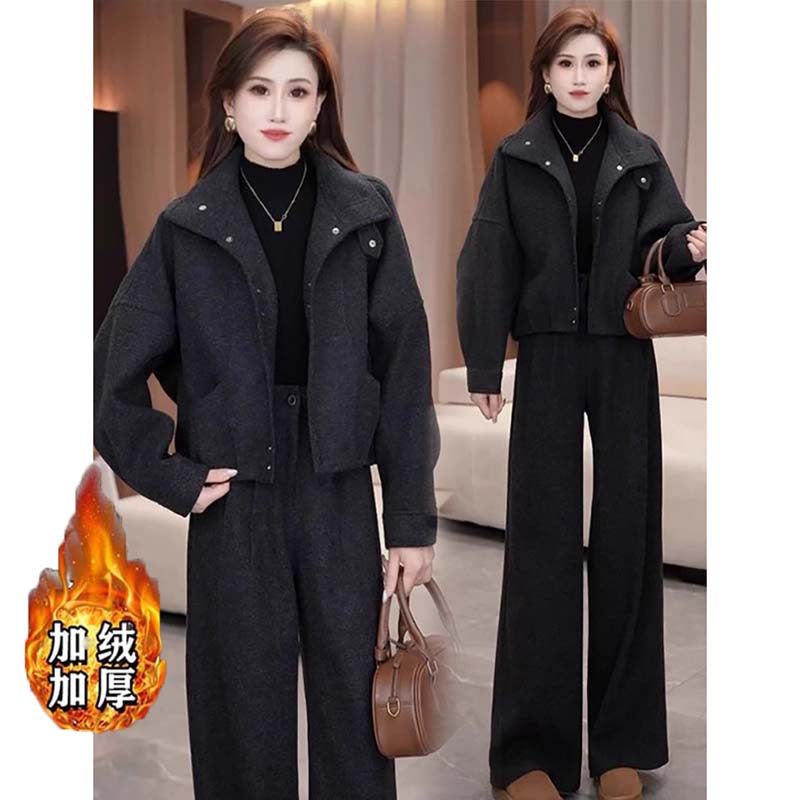 加绒加厚两件套2026春季新款女宽松毛呢短外套阔腿裤套装TX0223,女装/女士精品,时尚套装,淘宝优惠券,粉丝福利购,淘宝优惠卷