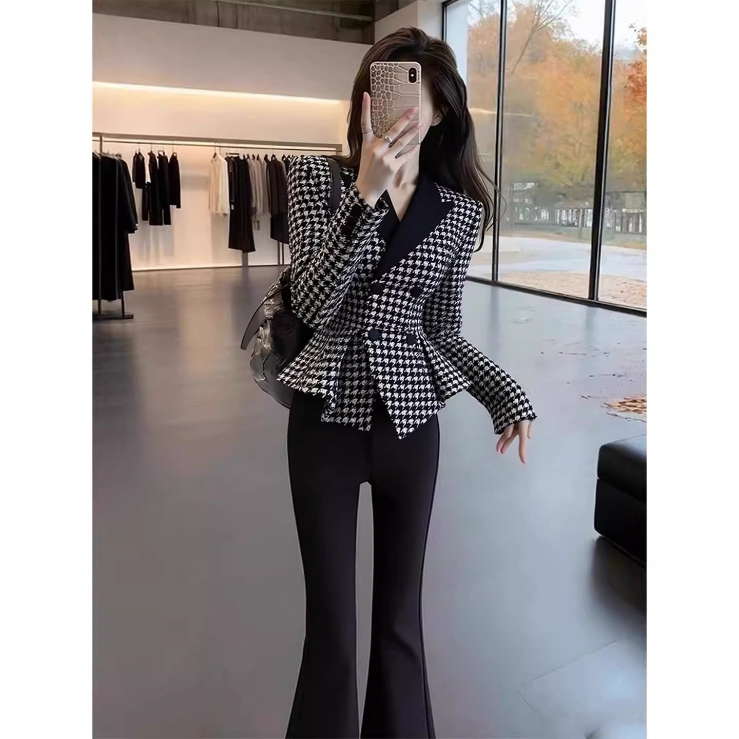 两件套2026春季女小香风黑色千鸟格收腰短外套+喇叭裤套装LJ0298,女装/女士精品,时尚套装,淘宝优惠券,粉丝福利购,淘宝优惠卷