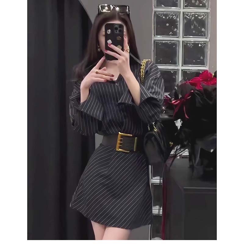 送腰带高级感条纹长袖衬衫连衣裙女春秋新款气质收腰短裙TX0027