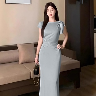 气质连衣裙性感花瓣系结长款 时尚 收腰裙子D3317 法式 2025早秋新款