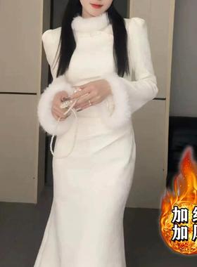 加绒加厚中式国风连衣裙女2025冬季气质高级感打底修身长裙子2838