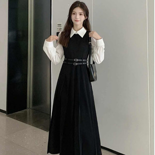 气质洋气连衣裙1953 女装 送腰带假两件收腰显瘦裙子2025秋季 新款