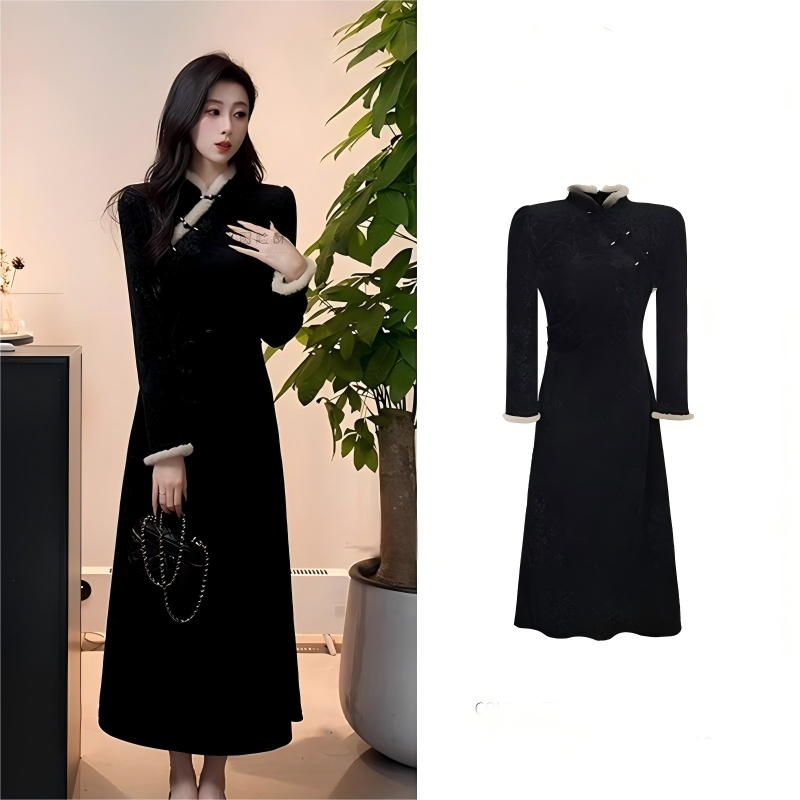 2025秋冬新款女新中式国风复古旗袍裙子黑色长款修身连衣裙D4063