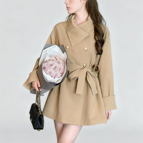 送腰带2026春新款女千金感系带收腰短款风衣外套高级感大衣TX0048
