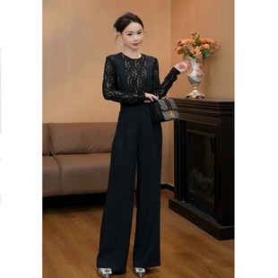 时尚 连体裤 蕾丝拼接秋季 长裤 女D3506 新款 有里布女神范气法式