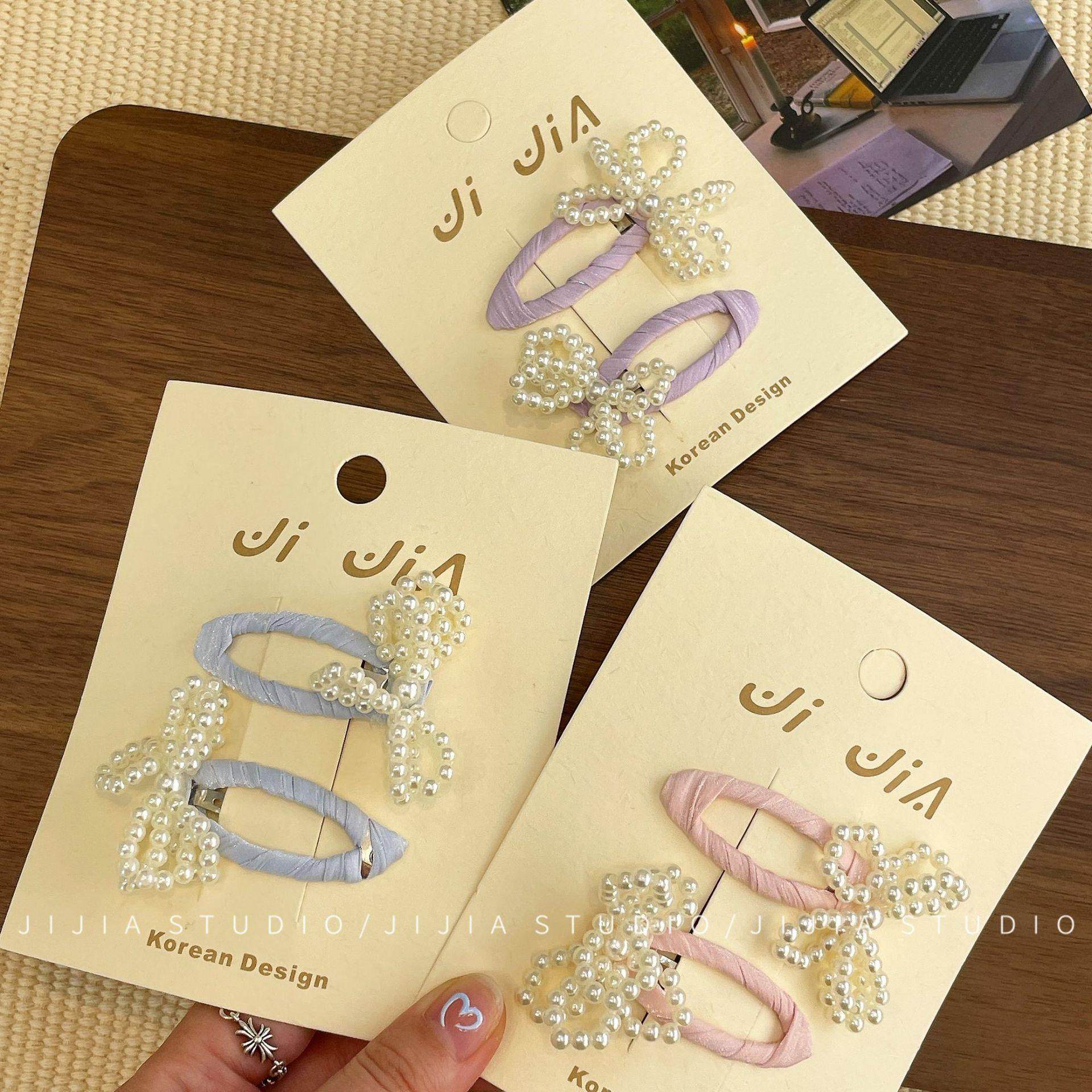 卷糖果女童韩版甜美珍珠蝴蝶结少女bb夹发夹镂空水滴串珠掰掰夹