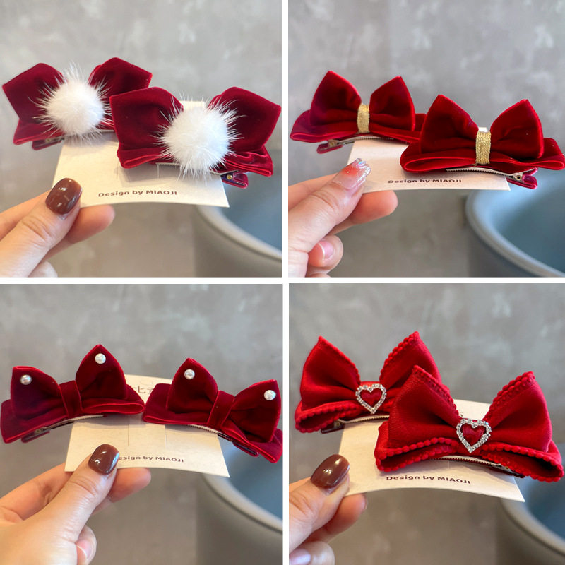 女童红色新年发夹小公主过年喜庆立体小公主水掉毛球蝴蝶结侧边夹
