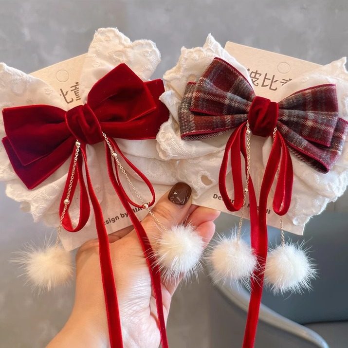 卷糖果女新年红珍珠蕾丝大蝴蝶结发夹流苏飘带顶夹超仙后脑勺发夹