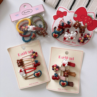 卷糖果儿童发圈卡通小熊兔子发绳女宝宝深色bb夹樱桃花朵爱心发饰