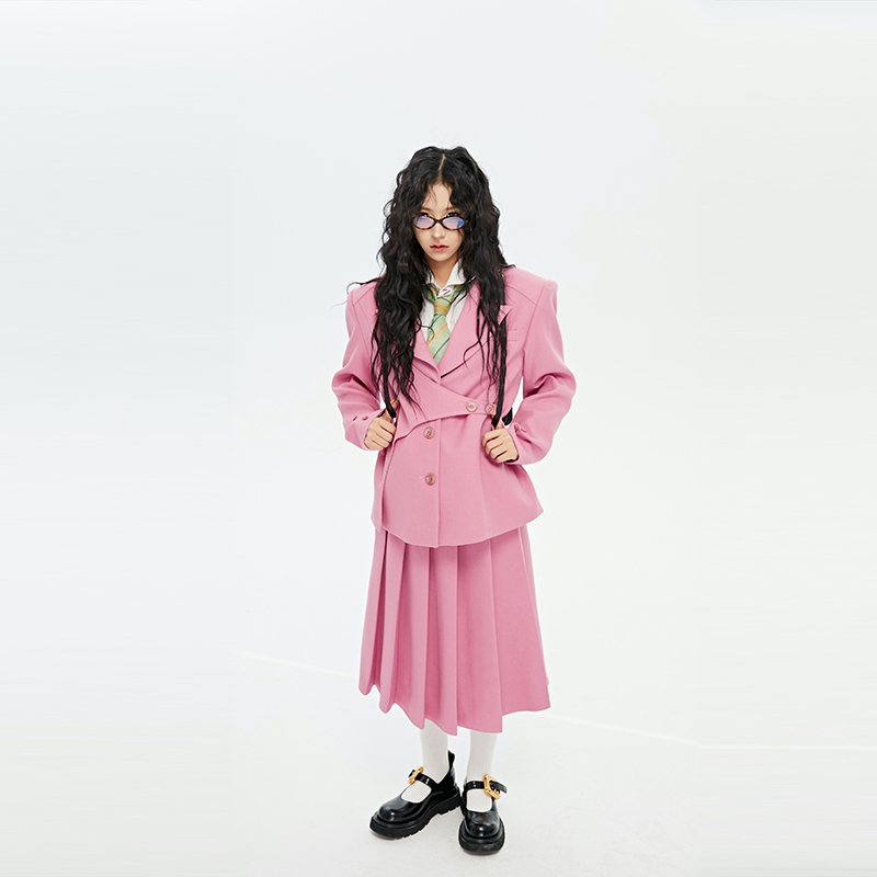 DIET GRRRL2024秋冬双色收腰显瘦西装外套褶皱半身裙百搭街头套装