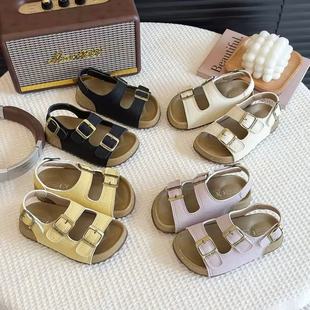 女宝透气凉鞋 儿童皮面勃肯凉鞋 男童软木底露趾沙滩鞋 新款 2025夏季